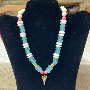 Gorgeous glass beaded necklace with heart, gold, lobster claw clasp pink, teal